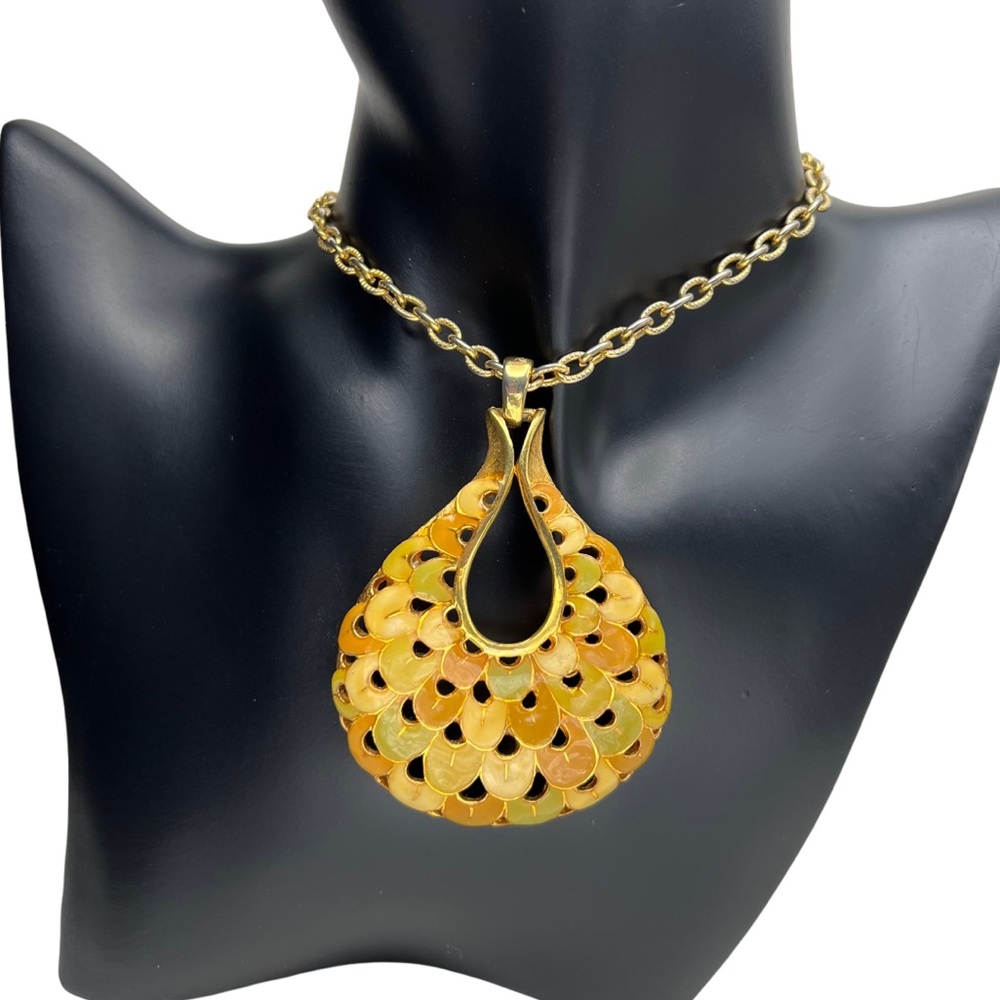 Multicolor Cutout Teardrop Necklace Gold Tone Peacock-Inspired Statement Pendant